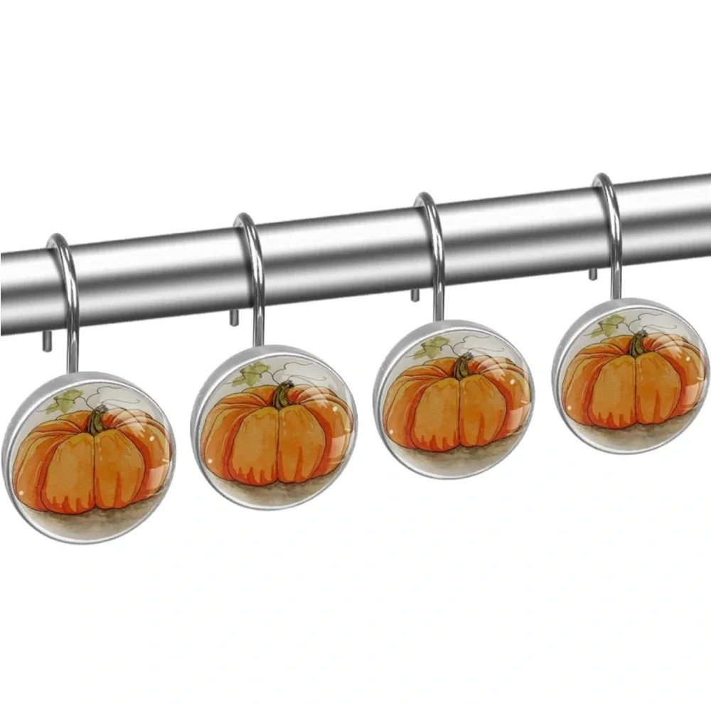 Shower Curtain Hooks Hand Draw Pumpkin Print 12 Pack, Multi 10, 1.45x1.45in